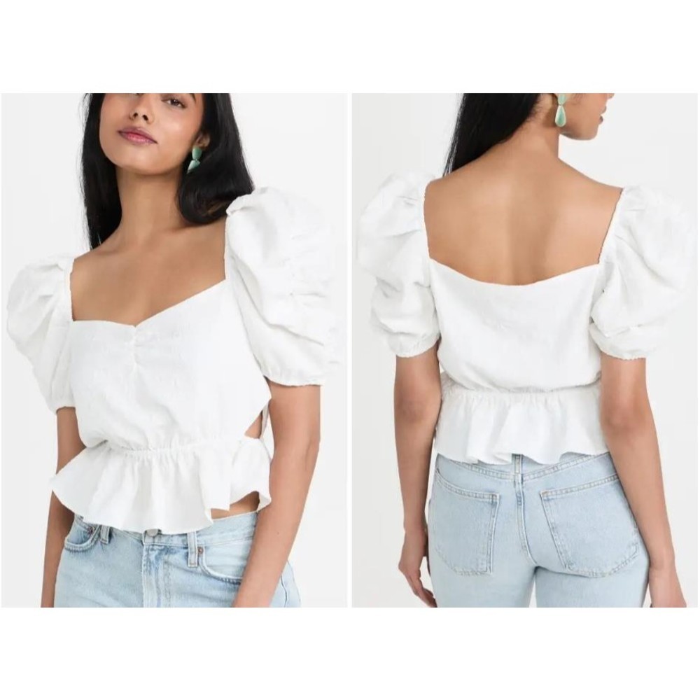 WAYF Womens Annalise Cut-Out Cropped Blouse Peplum white Top Shirt Size XS